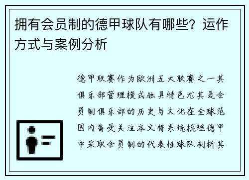 拥有会员制的德甲球队有哪些？运作方式与案例分析