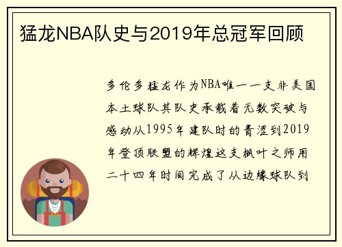 猛龙NBA队史与2019年总冠军回顾